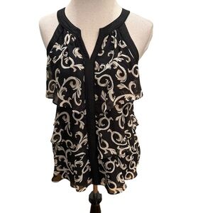 White House Black Market Black White Chiffon Tiered V-Neck Lined Halter Top Sz S